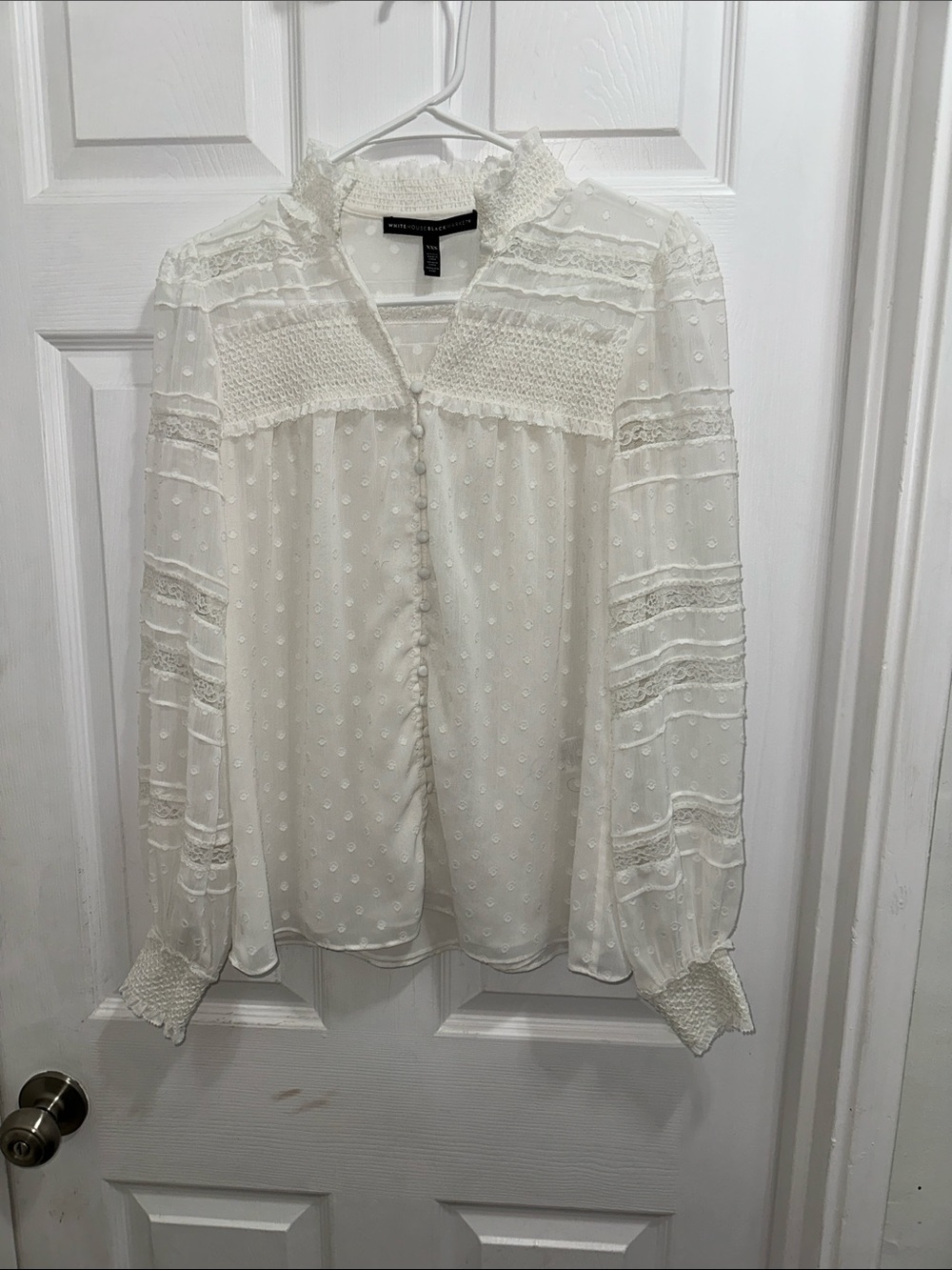 White House Black Market Cream Swiss-Dot Lace Trim Blouse
